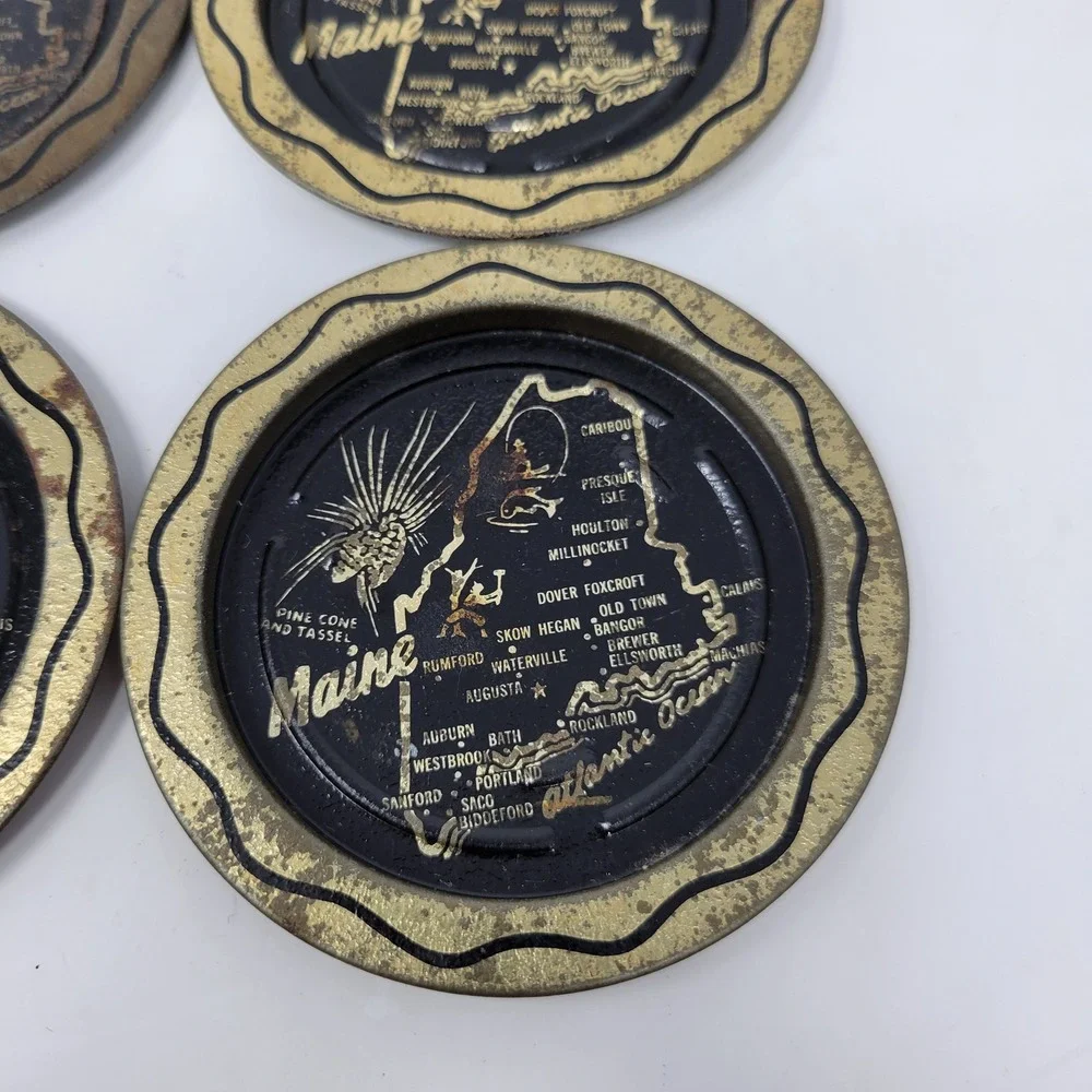 Vintage Maine State Map Metal Coasters Set of‎ 4 Black Gold Souvenir Tin Ashtray